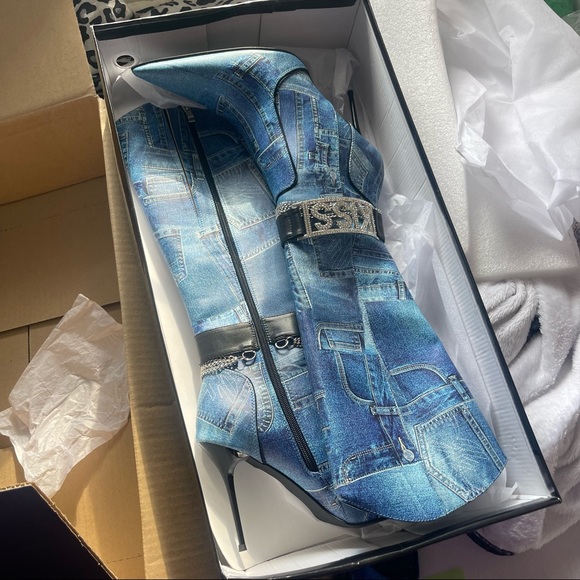 Dolls Kill Shoes - Harper knee high boots denim kiss dollskill boots